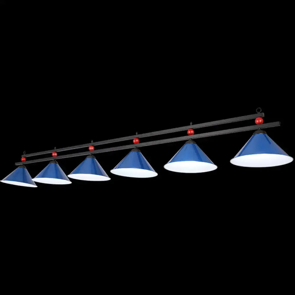 DecorBites metal hanging island light with blue conical shade and red spherical accents for industrial billiard use
