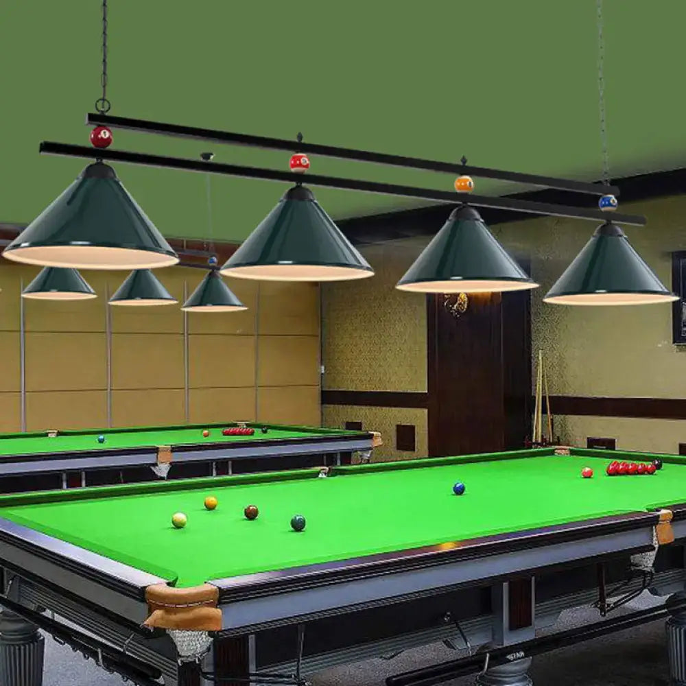 Dark green conical metal hanging island light with sleek metal frame for industrial billiard club pool tables