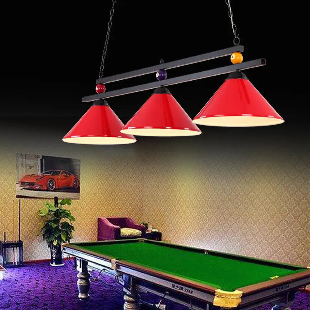Decorbites metal hanging island light with red conical shades black metal frames and billiard ball accents industrial style