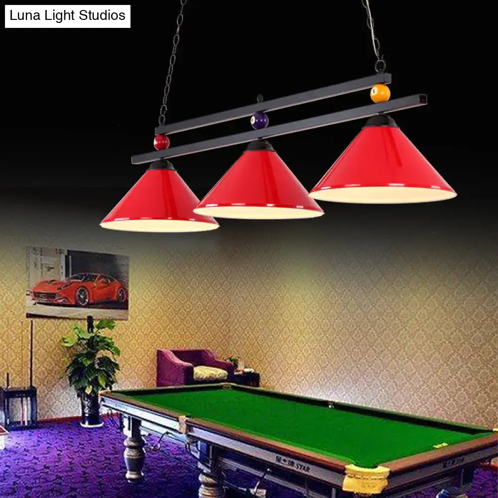 Red conical decorbites™ metal hanging island lights with black frames and colorful billiard accents for pool tables