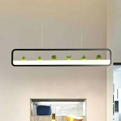 DecorBites metal led hanging light rectangular pendant with black frame and integrated led strip with succulents 110v-120v 220v-240v