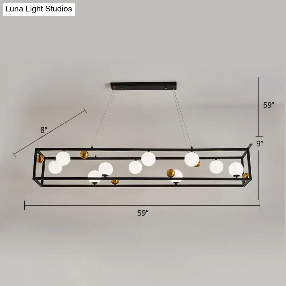 Black metal rectangular chandelier with nine milk glass shade bulbs and gold accents for industrial dining rooms