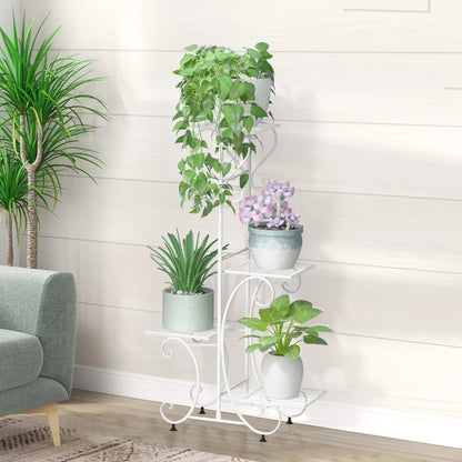 White wrought iron metal plant stand decorbites™ with ornate scrollwork and four tiers holding potted greenery