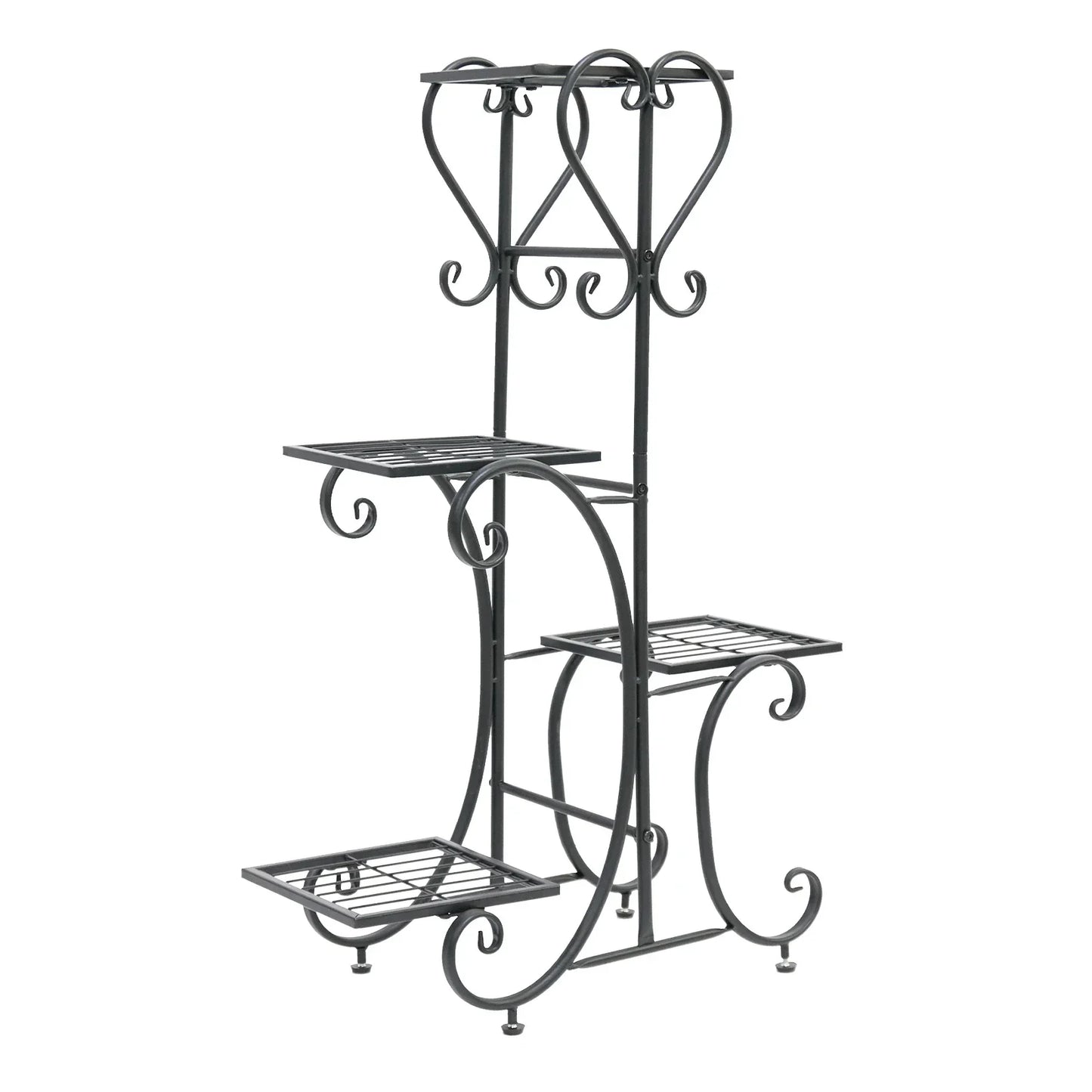 Black wrought iron metal plant stand with ornate scrollwork and three tiered shelves for 4 flower pots by DecorBites
