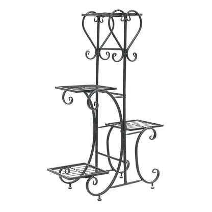 Black wrought iron metal plant stand with ornate scrollwork and three tiered shelves for 4 flower pots by DecorBites