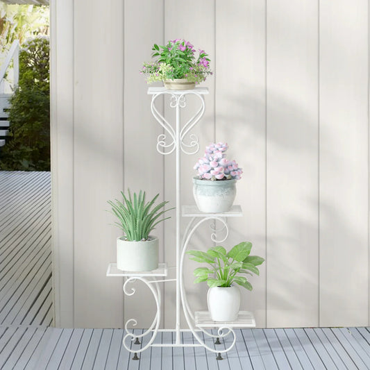 DecorBites metal plant stand in white wrought iron with ornate scrollwork and four tiered shelves for flower pots