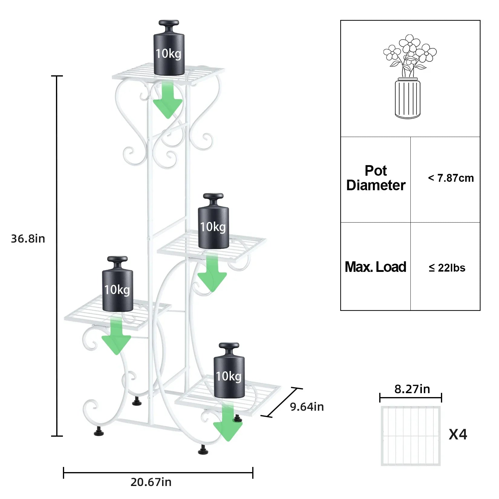 White wrought iron metal plant stand with four tiers and decorative scrollwork for flower pots by decorbites