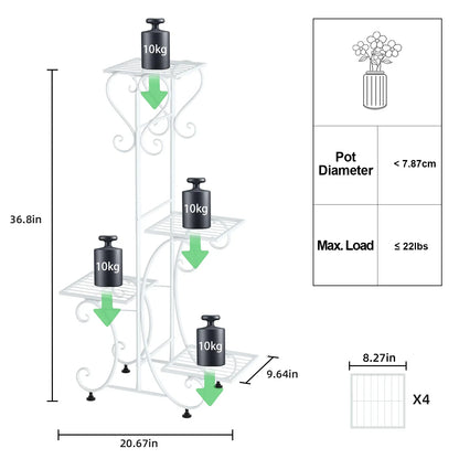 White wrought iron metal plant stand with four tiers and decorative scrollwork for flower pots by decorbites