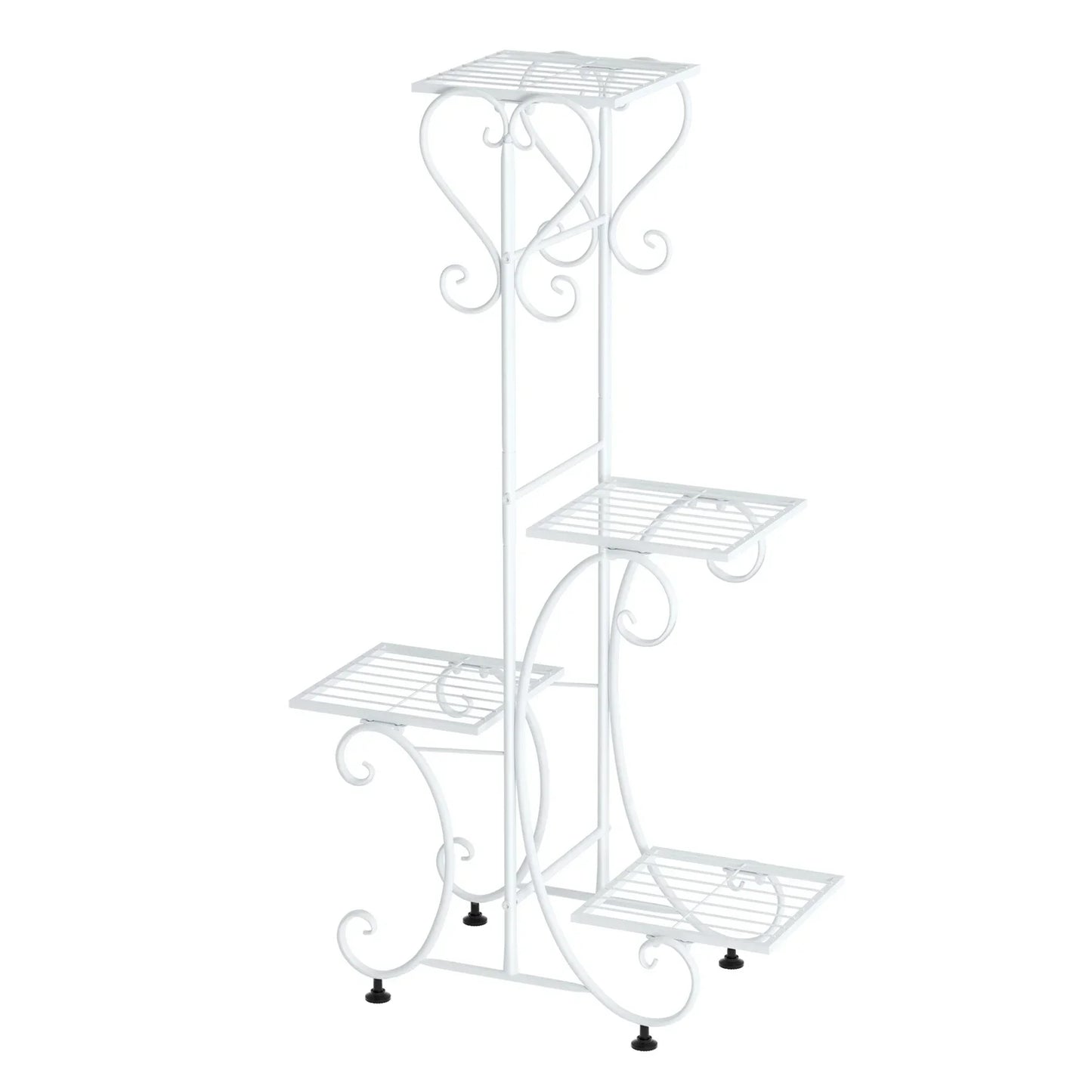 White wrought iron metal plant stand with four tiered shelves and decorative scrollwork for flower pots