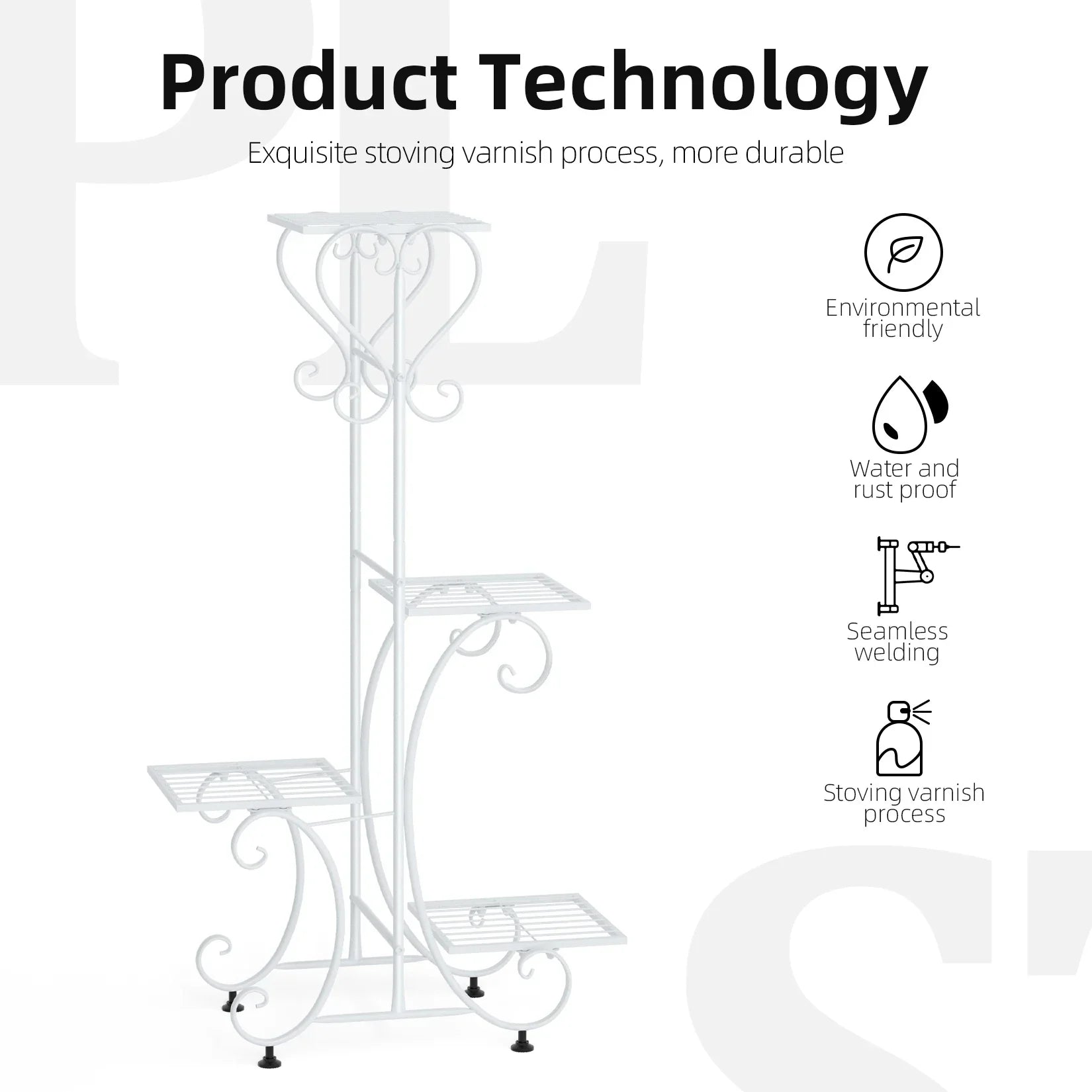 White wrought iron metal plant stand by DecorBites with ornate scrollwork and four tiered shelves for flower pots