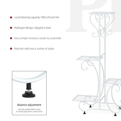DecorBites metal plant stand in white wrought iron with ornate scrollwork and adjustable height feet for 4 flower pots