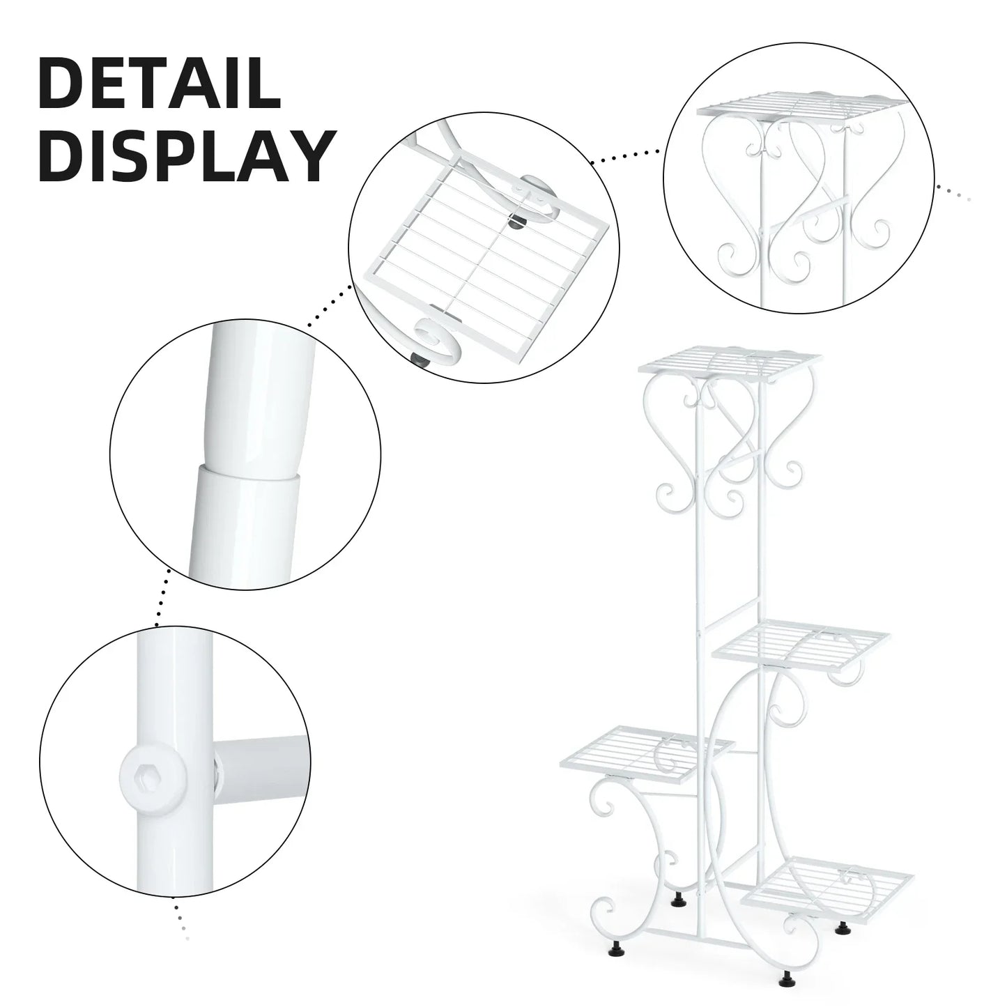 White wrought iron metal plant stand with ornate scrollwork and four tiered shelves for displaying flower pots