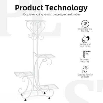 White wrought iron metal plant stand by DecorBites with ornate scrollwork and four tiered shelves for flower pots
