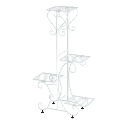 White wrought iron metal plant stand with four tiered shelves and decorative scrollwork for flower pots