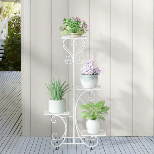 DecorBites metal plant stand in white wrought iron with ornate scrollwork and four tiered shelves for flower pots