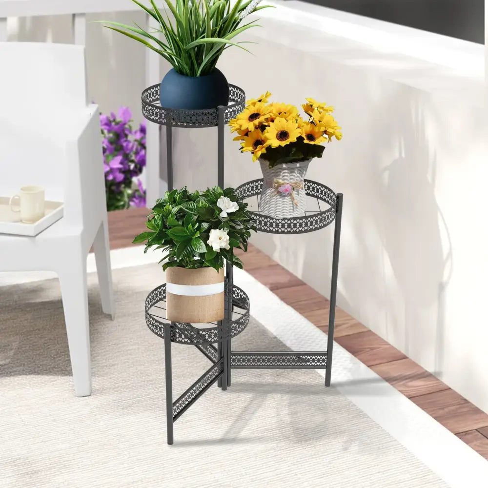 Decorbites™ black metal plant stand with three tiers and hollow decorative design for living room use