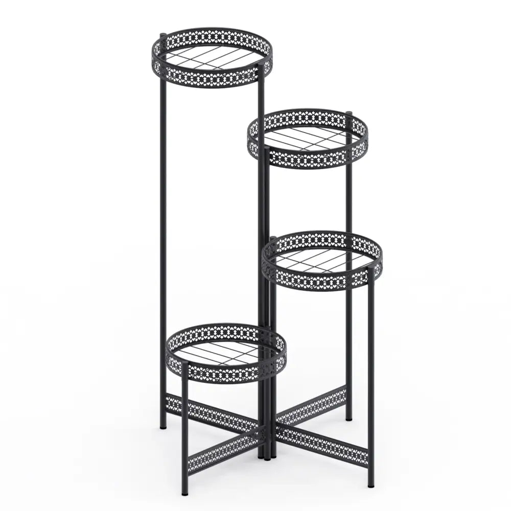 DecorBites metal plant stand in black with four ornate lattice tiers for indoor and living room use