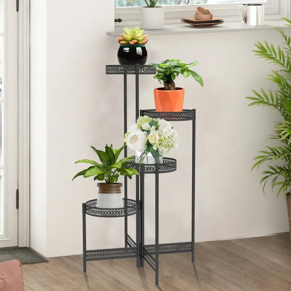 Black metal plant stand with three decorative lattice tiers by decorbites for indoor and outdoor living room use