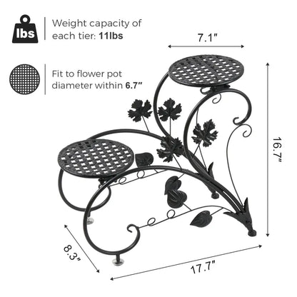 Decorbites metal plant stand set featuring a black wrought iron metal plant stand with three tiered ornate leaf platforms
