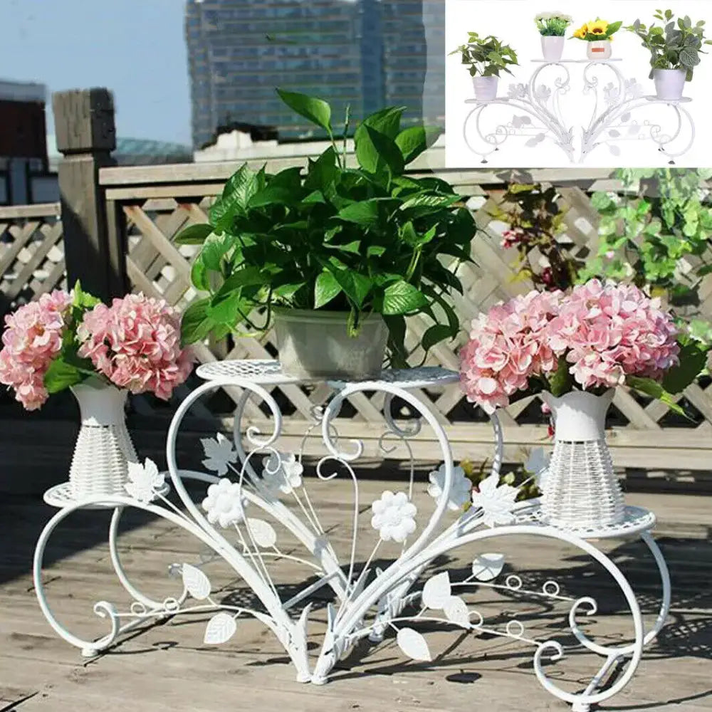 Decorbites™ white metal plant stand with three tiers and floral leaf designs for four potted flowers