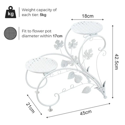 Decorbites™ white metal plant stand with decorative leaf motifs features three tiers for four potted flowers