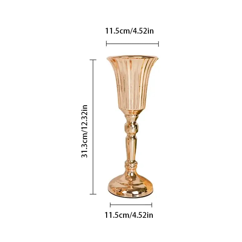 Gold-colored ribbed glass goblet with slender stem and flared rim for decorbites metal trumpet vase wedding centerpiece decor