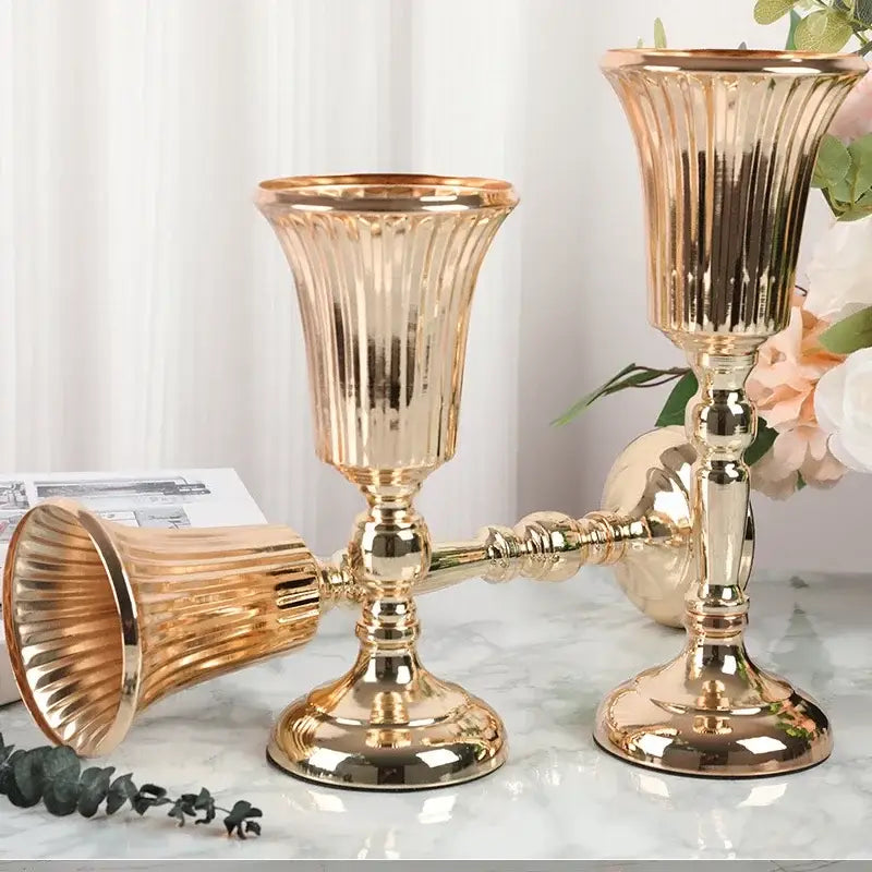 Golden ribbed candle holders with ornate stems and fluted bases for decorbites™ metal trumpet vase wedding centerpiece decor