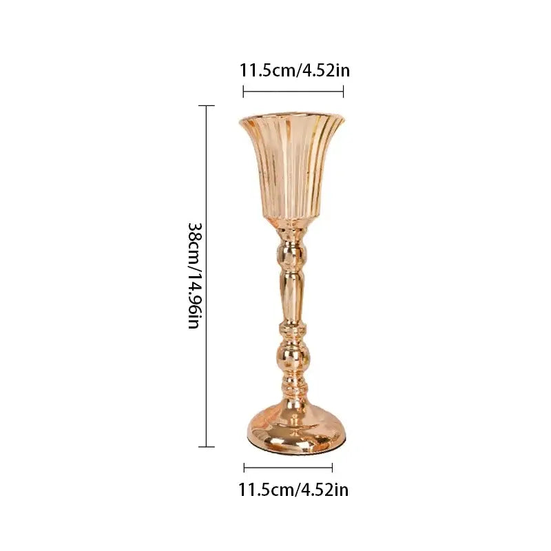 Golden metal trumpet vase with fluted candle holder design and decorative ball accents for wedding centerpiece decor