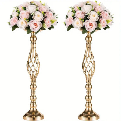 Golden ornate metal vase set with intricate lattice designs and lush pink and white artificial roses for special occasions