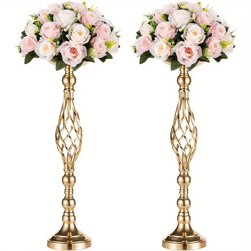 Golden ornate metal vase set with intricate lattice designs and lush pink and white artificial roses for special occasions