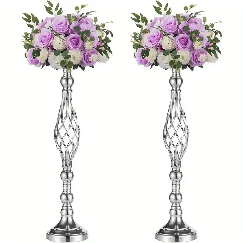 Silver ornate crystal-effect metal vase set with intricate lattice designs and fluted bases for special occasions