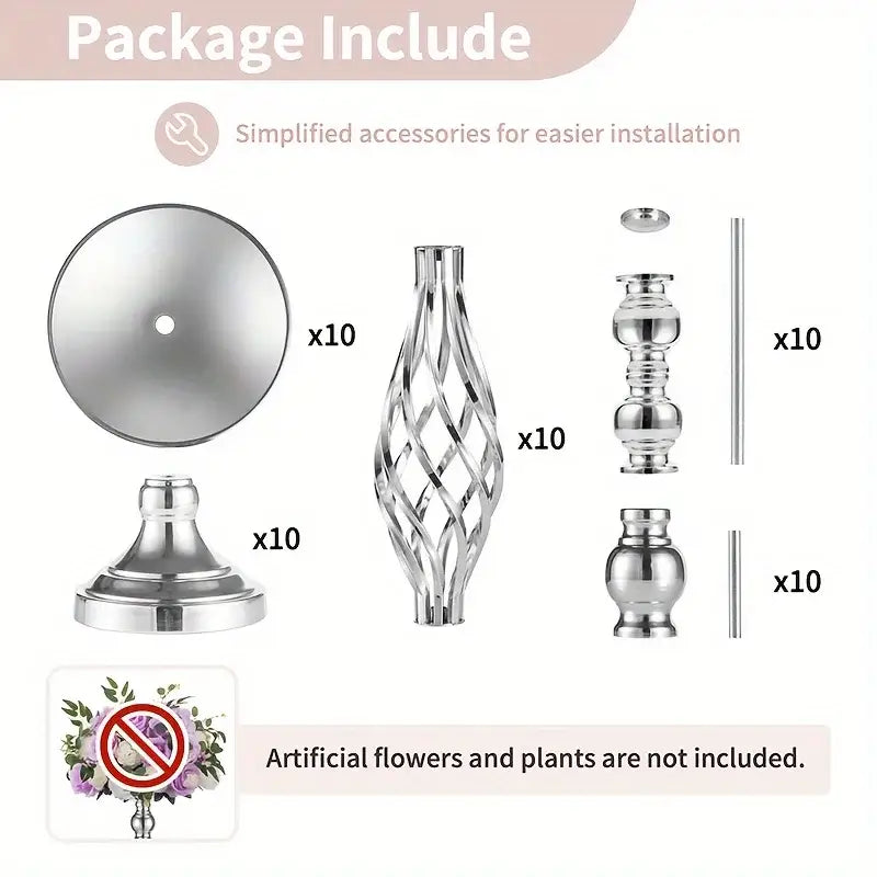 Set of ten polished chrome decorative metal vases with intricate twisted design and matching bases for special occasions