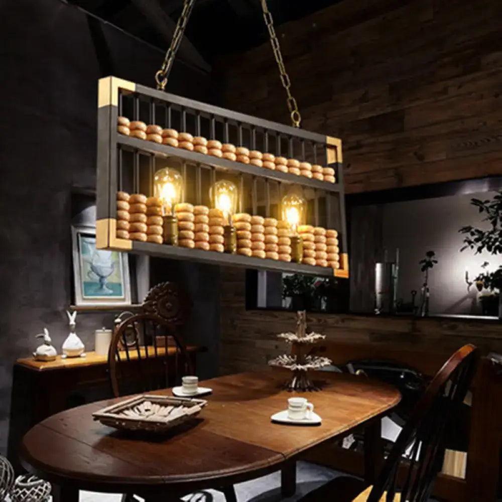 Decorbites™ metallic 3-head abacus pendant light with dark metal frame, gold accents, wooden beads, compatible with 220v-240v and 110v-120v for restaurants