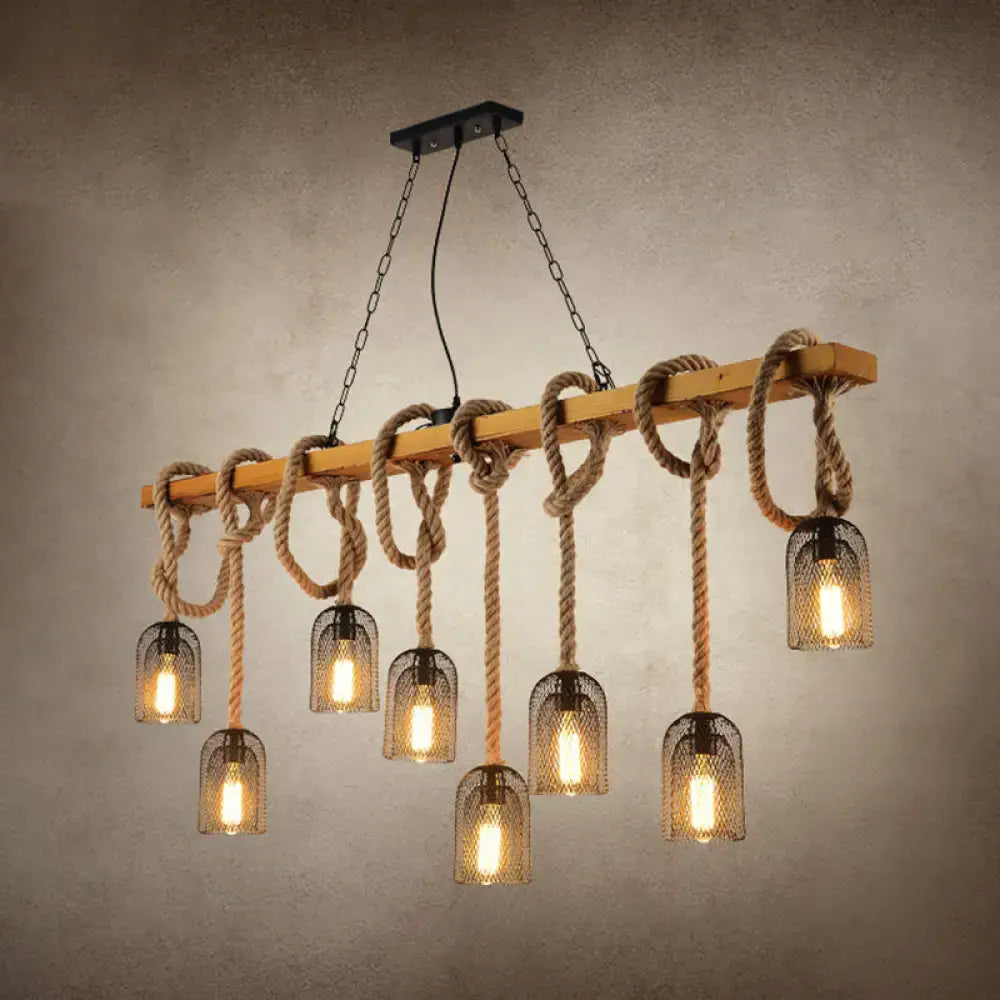 Rustic decorbites metallic dome hanging lamp with antique hanging lamp, hemp rope, wooden beams, and black metal mesh shades