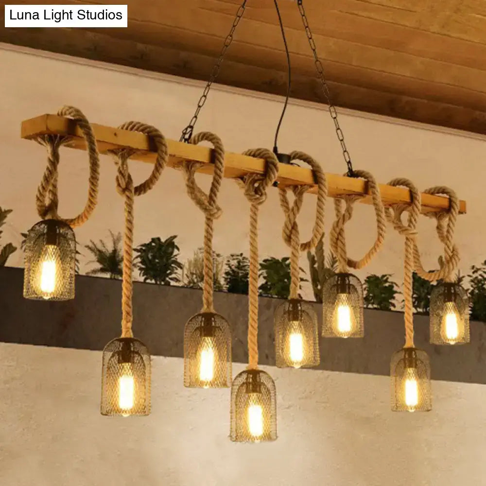 Rustic wooden beam dome hanging lamp with clear glass cage lights and thick hemp rope accents by decorbites