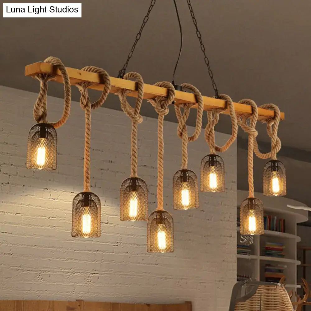 DecorBites metallic dome hanging lamp antique chandelier with hemp rope knots wooden beam and metal mesh lights