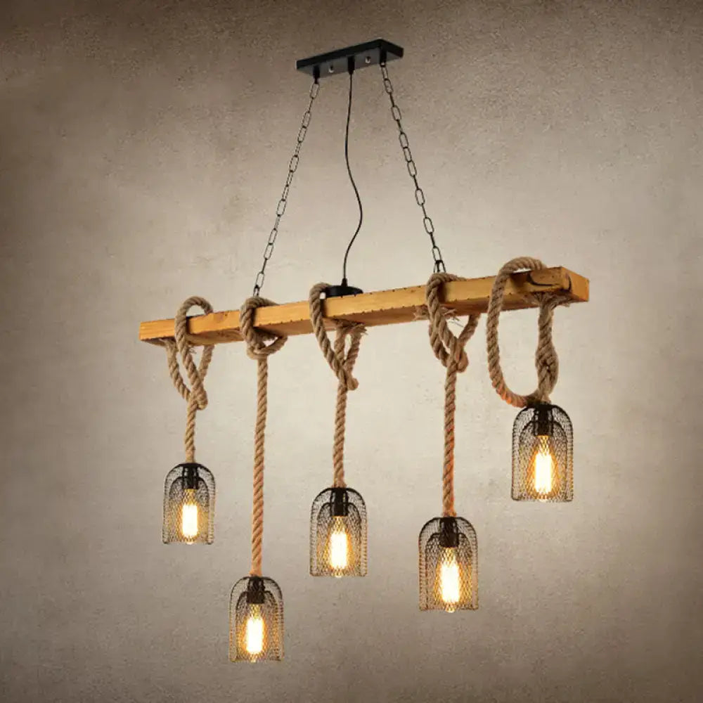 Decorbites™ metallic dome hanging lamp with rustic wood, hemp rope, and black metal mesh antique hanging lamp design