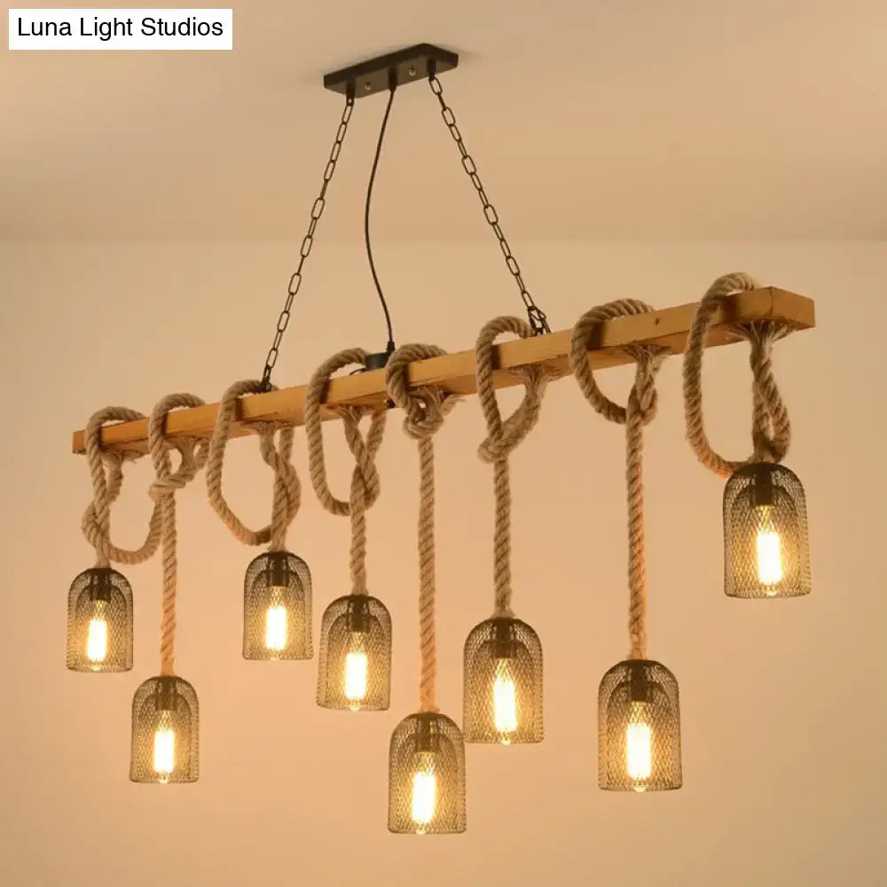 DecorBites™ metallic dome hanging lamp with hemp rope, light wood beam, and seven metal mesh shades glowing warmly