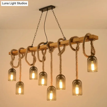 DecorBites™ metallic dome hanging lamp with hemp rope, light wood beam, and seven metal mesh shades glowing warmly