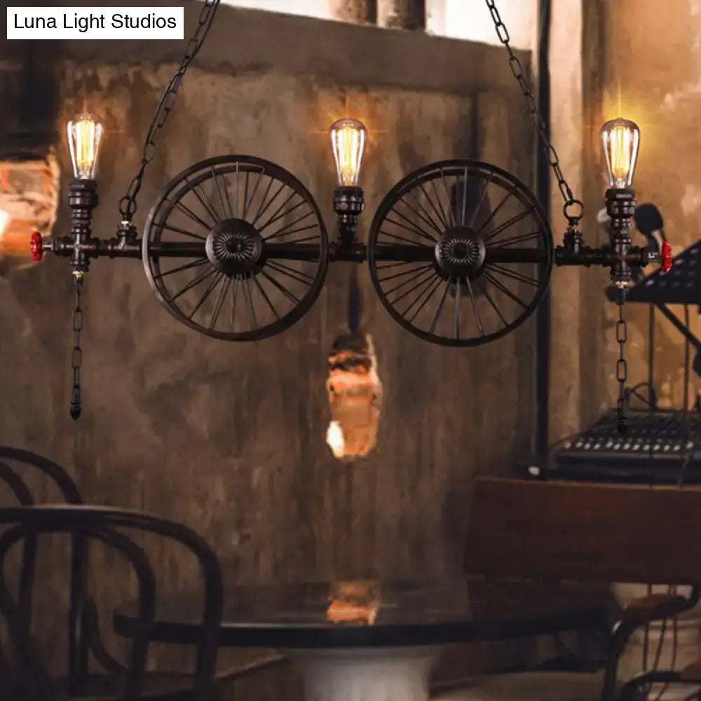 Industrial-style black metallic pendant light with three vintage edison bulbs and antique wagon wheel design 220v-240v