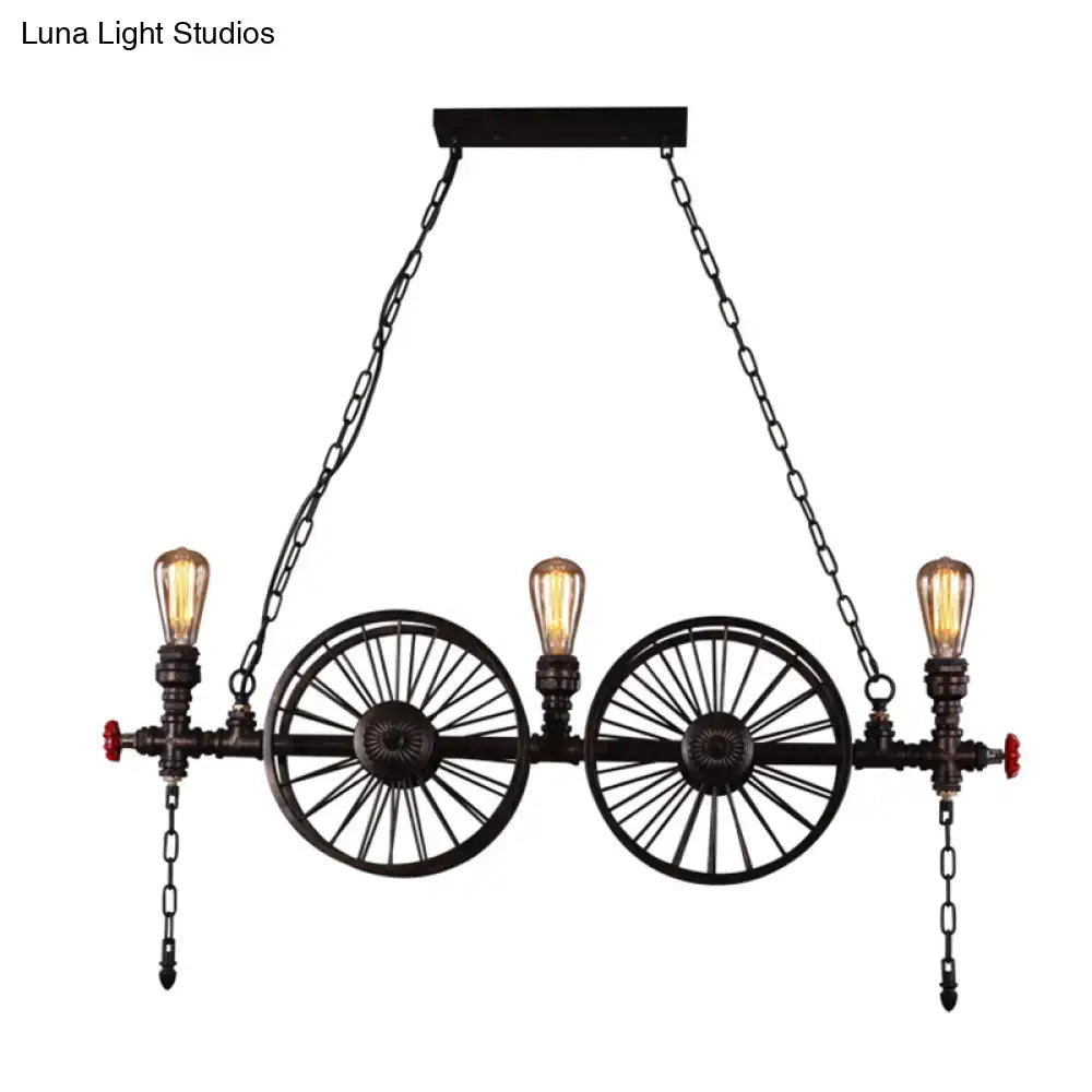 Industrial-style black metallic pendant light with antique wagon wheel design and exposed filament bulbs 220v-240v 110v-120v