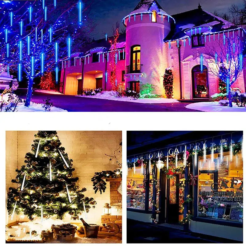DecorBites™ meteor shower led string lights with blue and white icicle design for outdoor decor