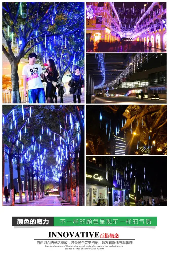 Decorbites™ meteor shower led string lights in blue and white create a festive outdoor ambiance on trees