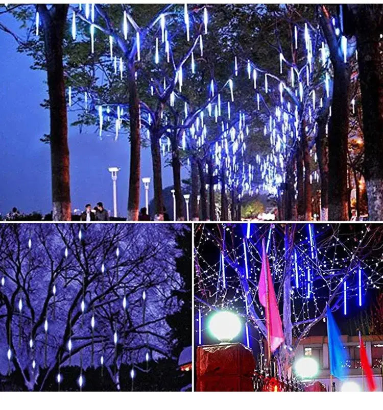 Blue icicle shaped decorbites™ meteor shower led string lights hanging from trees for outdoor decoration