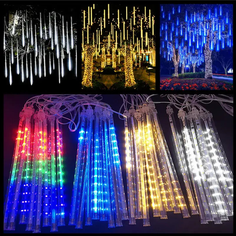 DecorBites meteor shower led string lights with clear plastic rainlight strands in white yellow blue and rainbow colors