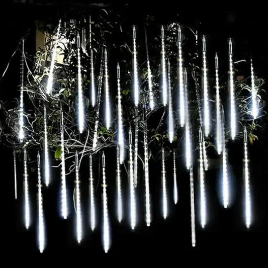 Decorbites™ meteor shower led string lights with white led raindrop bulbs hanging from outdoor branches