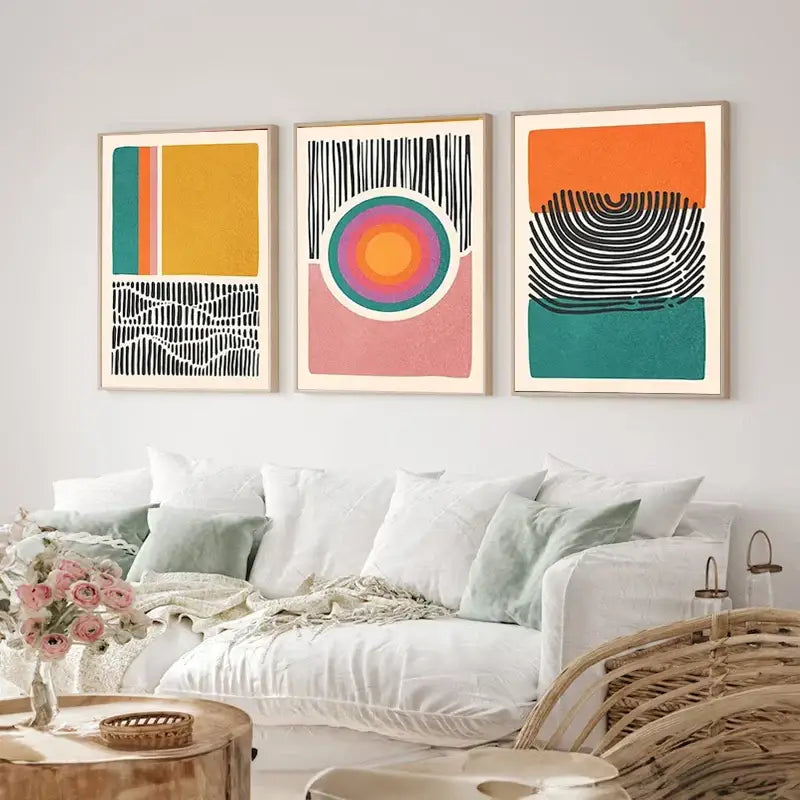 DecorBites mid century abstract color block wall art set with three framed prints featuring bold geometric patterns and vibrant colors