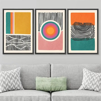 DecorBites mid century abstract color block wall art set with three framed prints in vibrant geometric patterns