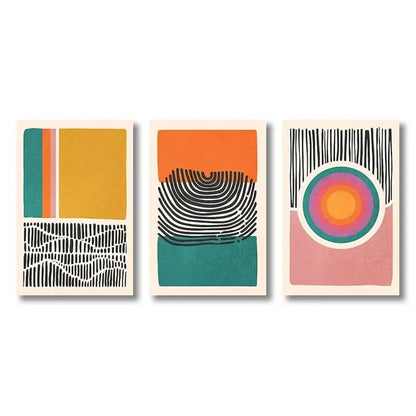 Set of three decorbites™ mid century abstract color block wall art prints with bold geometric patterns on textured paper