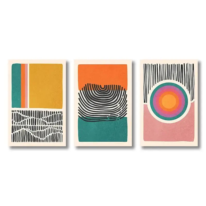 Set of three decorbites™ mid century abstract color block wall art prints with bold geometric patterns on textured paper